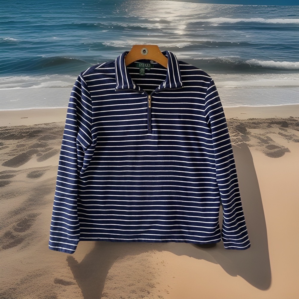 Lauren Ralph Lauren Nautical Navy Striped 1/4 Zip Pullover Women Large Preppy